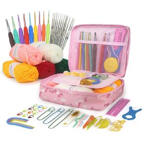 مجموعات الكروشيه Optivice للمبتدئين البالغين Knitting Kit Kit Metal Crochet Hooks Alstories Tools Crochet Wool Yarn Storage Edeles Crochet Starter Kit (Sea Green)