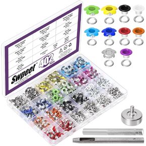 SWPEET 403PCS 10 ألوان 3/16 بوصة زهور معدنية الحلقات العيينة مع أدوات التثبيت مجموعة تشكيلة ، وثقوب معدنية متعددة الألوان وأدوات جروم للأسلحة الأسلحة الأدوات الحرف الجلدية المجوهرات الخشب