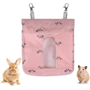 Rabbit Hay Bag, 2-Hole Hanging Rabbit Feeder Bag with 2 Metal Hooks, Small Animal Feeding Sack for Small Animals Rabbits Guinea Pigs Hamsters Chinchillas Hedgehogs