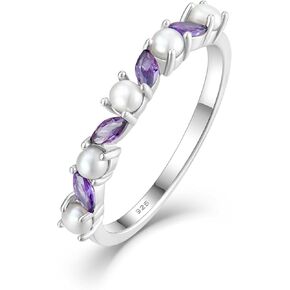 YL Freshwater Pearl Eternity Ring for Women, Solid Sterling Silver 18K White Gold Plated Birthstone Stacking Bands Jewelry