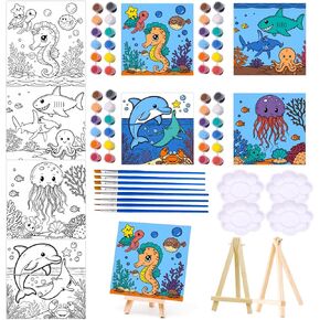 Yizeda 4 Packs 7.8x7.8 Pre Drawn Canvas Paint Set,Paint by Numbers for Kids,48 Paints 8 Brushes 2 Easels,Pre-Printed Acrylic Oil Painting Kit Ages 8-12 9-12 4-8 Pre Drawn Canvas for Painting for Kids