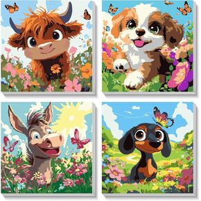 Heibago 4 Pack Paint by Number for Kids Framed Canvas ، Please Animals Paint by Build for Kids تتراوح أعمارهم بين 8 و 12 عامًا ، الطلاء من أرقام أرقام الأطفال المبتدئين ، لوحة زيت أكريليك DIY لديكور الجدار المنزلي (8 × 8 بوصة)