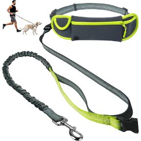 Twoear Waist Leash for Dog Walking - 3-in-1 Hands Free Running Leash with Adjustable Belt, Zipper Pouch & Reflective Bungee Handle - for Small, Medium & Large Dogs