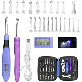 HCBZVV 22 Sizes Counting Crochet Hook Set, 2mm-14mm Interchangeable Needles, Light Up Crochet Hooks with Stitch and Row Counter, Rechargeable Crochet Kit Gift for Beginner and Experienced Crocheters