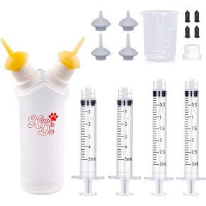 Pet Feeding Curved Bottle with Double Pacifier,with Mini and Original Feeding Nipples for All Breed of Puppies Kittens and Other Animals(Grey)