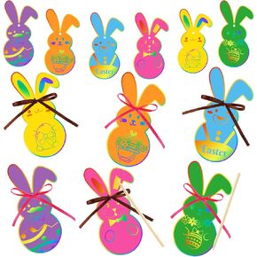 Whaline 96pcs Easter Scratch Paper Art Bunny Rainbow Scratch Art مجموعة ملونة أرنب سحرية خدش الحلي مع أشرطة 96pcs و 48 ٪ من القلم الخشبي لـ DIY Crafts Party Decor