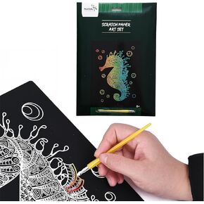 NELIBLU SCRATCH ART KIT - 8.3X11.7 بوصة Seahorse Scratch Pad - ورقة تعليمية قابلة للخدش من 10 قطع للأطفال - دفتر خدش متين يعزز الخيال والإبداع الفني