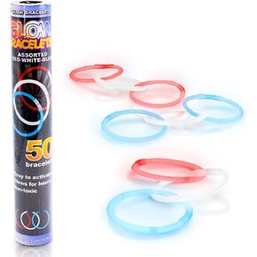 50 Pack Glow Sticks Bracelets Red, White & Blue in Bulk with Connectors- Patriotic Party Favors for Kids & Adults (Red, Blue, White)