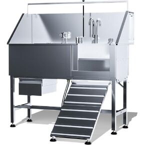 Dog Washing Station,Professional 56" Stainless Steel Dog Bathing Station for Large Dog Height Adjustable Dog Wash Station for Home Dog Grooming Tub With Drawer, Floor Grate & Fauct (Right Ramp)