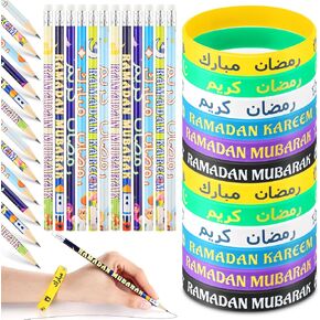 96 Pcs Ramadan Eid Mubarak Gifts, Eid Pencils Ramadan Wristbands, Ramadan Mubarak Party Favors Muslim Gifts for Kids Students Classroom Ramadan Kareem Party Supplies(Eid Style)