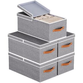 Storage Boxes with Lids, Foldable Blanket Basket, Linen Closet 0rganizers with Double Handles, Collapsible Cubes for Organizing, Grey, 3-Pack, 13 x 9.1 x 5.5 inch