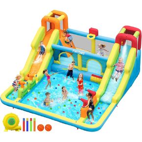 Inflatable Bounce House for Kids, Water Bounce House with Double Slides Outdoor Indoor, Jumping Bouncy Castle with Air Blower for Park Backyard Party Birthday (with 750W Blower)