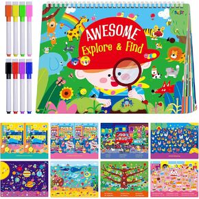 30 Dry Erase Activities Book, Reusable & Erasable Game Pad, Explore and Find Games Montessori Learning Tool Educational Autism Sensory Toys for Kids, Road Trip, Airplane, Travel (Markers Included)