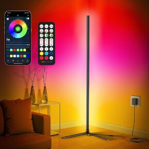 Corner Floor Lamp, Modern LED Corner Lamp with AC Adapter & APP & Remote Control, 16 Million Colors, 68+ Scene Modes, Music Sync, Ambient Lighting for Living Room, Bedroom, and Gaming Room