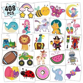 Partywind 408 PCS Kids Tattoos for Party Supplies, Individually Wrapped Sheet Temporary Tattoos Stickers for Kids Gifts Goodie Bag Fillers, Fun Birthday Party Favors