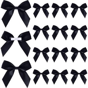 15PCS Self-Adhesive Black Bow Decor, 2.5" Premade Satin Ribbon Bow, Soft Small Craft Bowknots for Present Wrapping, Cute Cake Bows for Wedding Birthday Party Decoration - Black