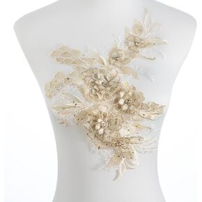 3D Embroidered Flower Fabric Beaded Rhinestones Pearl Lace Applique, DIY Patches Accessory for Wedding Dresses，Neckline Bodice Pants(Navy Blue)