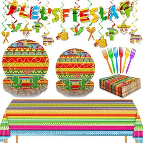 165 PCS Cinco de Mayo Dcecorations Fiestas Party Decorations Mexican Table Set تقدم 30 ، تشمل لوحات ، مناديل ، أكواب ، فوركس ، دوامات معلقة ، مفارش المائدة ، شعار لاستلوازات Taco Tuesday Party Supplies