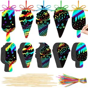 Fuutreo 100 Pcs Ice Cream Scratch Cards Rainbow Color Scratch Ornaments Summer Scratch Paper Crafts Kits with Sticks and Ribbon for Birthday Party Favors DIY Hanging Decorations