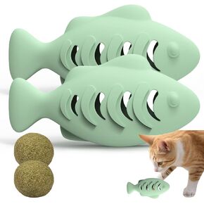 Cat Toys for Indoor Cats, Fish Shape Chew Catnip Toys for Teeth Clean, Food Grade Silicone Cat Enrichment Toy, Interactive Kitten Teething Toys with 1 Cat Nip Ball, Orange, 2 Pcs