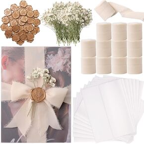 48 Sets Wedding Invitation Wrap Kit for 5x7 Invitations – Pre-Folded Vellum Jackets, 12 Rolls Chiffon Ribbon, Dried Gypsophila & Wax Seal Stickers – Elegant DIY Wedding Supplies