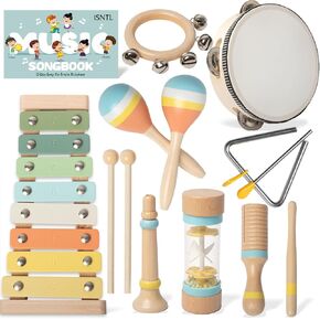 الآلات الموسيقية للأطفال - ألعاب Montessori الخشبية للأطفال الصغار 1-3 ، تشمل Modern Boho Xylophone كتاب الأغاني مع 13 أغنية للأطفال ، وألوان محايدة أدوات الإيقاع الخشبية