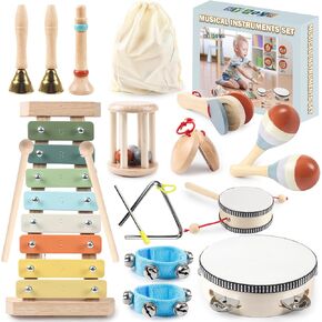 Baby Musical Instruments-11 in 1 Montessori Wooden Toys for Toddlers 1-3, Neutral Colors Percussion Instruments with Modern Boho Xylophone for Kids Preschool Educational 3+ with Storage Bag