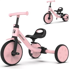 4-in-1 Toddler Tricycle for Ages 18 Months to 3 Years, Tool-Free Mode Switch, Tricycle for Toddlers 1.5-3 with One-Click Height Adjustment, Kids Trike and Balance Bike for 2 Years, Pink