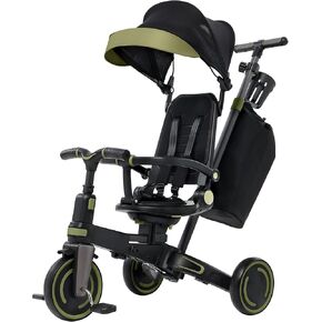 aneco 9-in-1 دراجة ثلاثية العجلات متعددة الوظائف للأطفال الصغار من 10 أشهر إلى 3 سنوات مع المظلة القابلة للإزالة قابلة للتدوير مقعد السلامة المكابح العجلة القابلة للتعديل مقبض القابل لدفع حامل كوب كوب ، أسود وخضراء