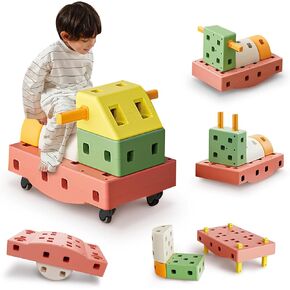 DIY Giant Building Blocks Set for Toddler - Big Stacking Soft Blocks with 8 Wheels for Kids with Shape & Color Learning - Large Blocks Cars Educational STEM Toy for 3 4 5 6 7 8
