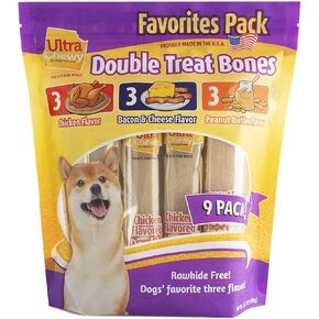 Ultra Chewy Favorites Double Treat Bones, Made in The USA, Healthy Treats, Easy to Digest, Promotes Dental Health (Assorted Flavors, 2 Packs/9 Bones Per Pack)