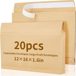 20 PCS 12 × 16 × 1.6 بوصة كاتالوج الكتالوج القابل للتوسيع كبير مانع مانيلا كرافت قشر وختم أظرف بنية فاتحة البني الكبير للوثائق المنزلية.