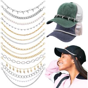 14PCS Trucker Hat Chains Spike Thorn Chain Detachable Pearl Metal Star Chains Bill Decoration for Women Men Diy Hat Charms for Mesh Baseball Cap Phone Phone