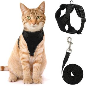 Cat Harness and Leash Set,Escape Proof Adjustable Cat Harness,Soft and Breathable Kitten Harness and Leash with Reflective Strips for Walking and Traveling(Black,S)
