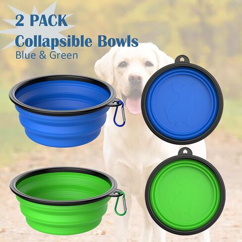 Takfox Collapsible Dog Bowls [2 Pack] 20 oz, Travel Dog Bowls, Pet Bowl Portable Foldable Water Food Feeding Dishes with Carabiner Clip for Traveling Hiking Walking-Green & Blue in Saudi Arabia