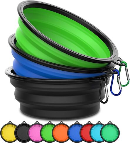Takfox Collapsible Dog Bowls [2 Pack] 20 oz, Travel Dog Bowls, Pet Bowl Portable Foldable Water Food Feeding Dishes with Carabiner Clip for Traveling Hiking Walking-Green & Blue in Saudi Arabia