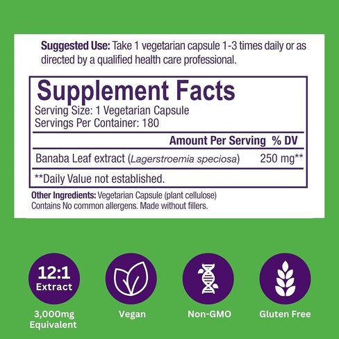 Paradise Herbs Banaba Leaf Extract, 250mg Vegan Supplement, Non GMO, Gluten Free, 180 Vegetarian Capsules in Kuwait