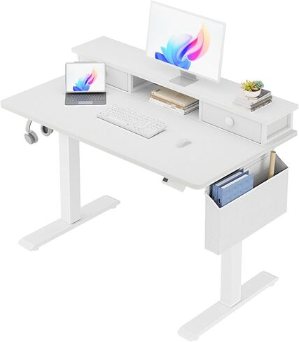 White Electric Standing Desk with Drawers - 40 Inch Small Standing Desk with Shelf Monitor Stand Storage Height Adjustable for Home Office, Study Writing Girls Computer Sit Stand Desks for Bedroom in Saudi Arabia