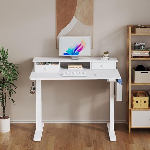 White Electric Standing Desk with Drawers - 40 Inch Small Standing Desk with Shelf Monitor Stand Storage Height Adjustable for Home Office, Study Writing Girls Computer Sit Stand Desks for Bedroom in Saudi Arabia