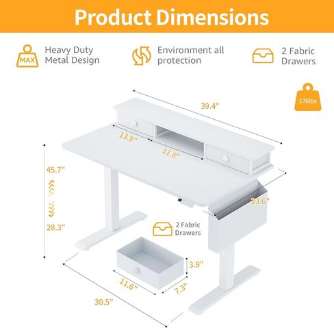 White Electric Standing Desk with Drawers - 40 Inch Small Standing Desk with Shelf Monitor Stand Storage Height Adjustable for Home Office, Study Writing Girls Computer Sit Stand Desks for Bedroom in Saudi Arabia