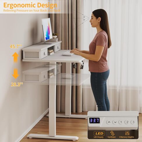 White Electric Standing Desk with Drawers - 40 Inch Small Standing Desk with Shelf Monitor Stand Storage Height Adjustable for Home Office, Study Writing Girls Computer Sit Stand Desks for Bedroom in Saudi Arabia