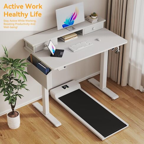 White Electric Standing Desk with Drawers - 40 Inch Small Standing Desk with Shelf Monitor Stand Storage Height Adjustable for Home Office, Study Writing Girls Computer Sit Stand Desks for Bedroom in Saudi Arabia