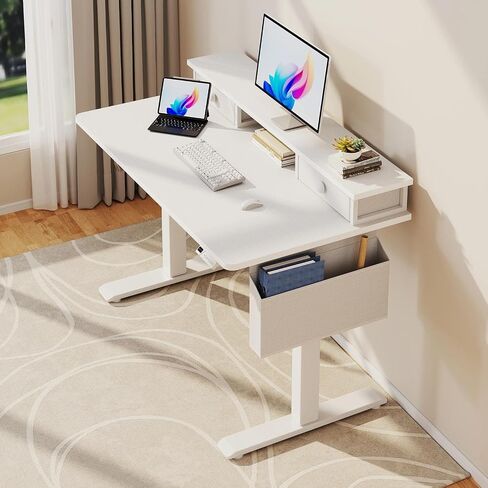 White Electric Standing Desk with Drawers - 40 Inch Small Standing Desk with Shelf Monitor Stand Storage Height Adjustable for Home Office, Study Writing Girls Computer Sit Stand Desks for Bedroom in Saudi Arabia