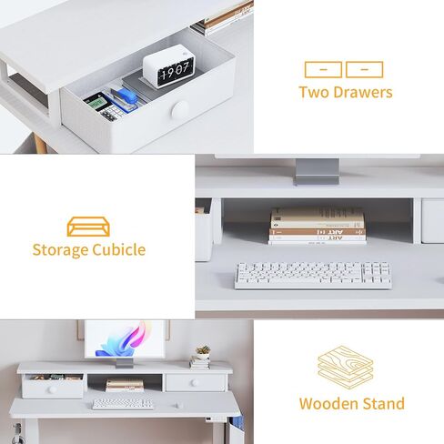 White Electric Standing Desk with Drawers - 40 Inch Small Standing Desk with Shelf Monitor Stand Storage Height Adjustable for Home Office, Study Writing Girls Computer Sit Stand Desks for Bedroom in Saudi Arabia