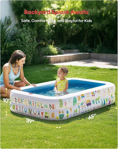 حمام سباحة QPAU Kiddie - 65 "× 39" قابلة للنفخ للأطفال والأطفال الصغار ، وحمام الكرة والرضيع مع أرضية ناعمة ، وأبجدية تعليمية ، وألعاب اللعب في الهواء الطلق متينة للمرح الخلفي والمتعة الداخلية (الأزرق) in Kuwait