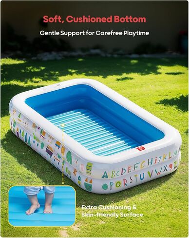 حمام سباحة QPAU Kiddie - 65 "× 39" قابلة للنفخ للأطفال والأطفال الصغار ، وحمام الكرة والرضيع مع أرضية ناعمة ، وأبجدية تعليمية ، وألعاب اللعب في الهواء الطلق متينة للمرح الخلفي والمتعة الداخلية (الأزرق) in Kuwait