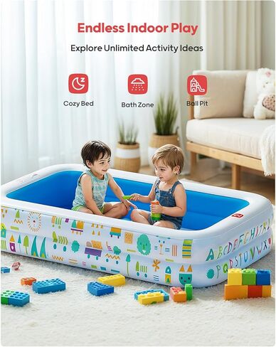 حمام سباحة QPAU Kiddie - 65 "× 39" قابلة للنفخ للأطفال والأطفال الصغار ، وحمام الكرة والرضيع مع أرضية ناعمة ، وأبجدية تعليمية ، وألعاب اللعب في الهواء الطلق متينة للمرح الخلفي والمتعة الداخلية (الأزرق) in Kuwait
