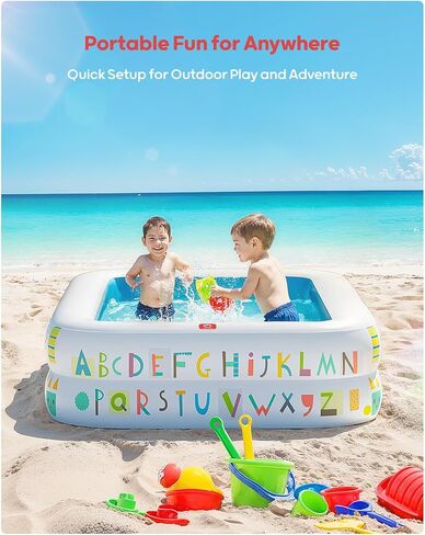 حمام سباحة QPAU Kiddie - 65 "× 39" قابلة للنفخ للأطفال والأطفال الصغار ، وحمام الكرة والرضيع مع أرضية ناعمة ، وأبجدية تعليمية ، وألعاب اللعب في الهواء الطلق متينة للمرح الخلفي والمتعة الداخلية (الأزرق) in Kuwait