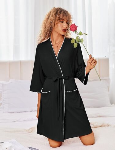 Ekouaer Robes for Women Ribbed Knit Bathrobe Soft Lightweight Knee Length Kimono Robe Ladies Sleepwear with Pockets S-XXL in Saudi Arabia