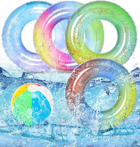 Bennol 4 PCS Swimming Rings with 1 Beach Ball Inflatable Pool Floats for Kids Adults 32.5'' Fruits Pool Floaties Rings Tube Toys for Summer Beach Water Float Party, Swimming Pool, Ocean, Beach Time in Saudi Arabia
